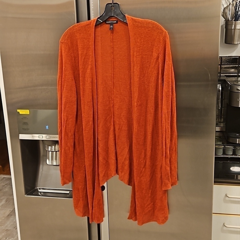 💕EILEEN FISHER💕 Long Organic Linen Blend Cardigan ~ Rust Orange Medium